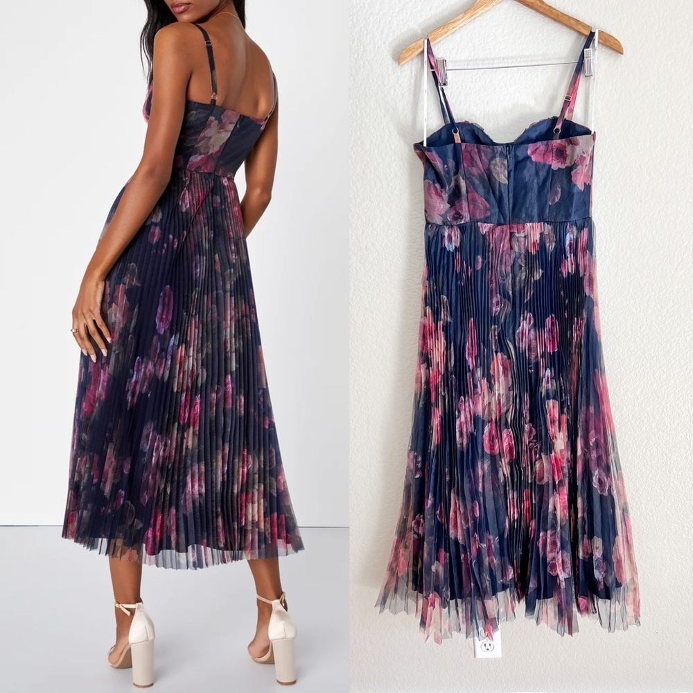 Alluring Invite Midnight Blue Floral Pleated Bustier Midi Dress - Picture 3 of 9